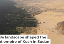 Jebel Barkal mesa and the archaeological site at its base in the Nile Valley. Sami Elamin